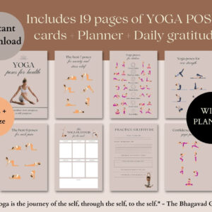 Includes 19 PREMIUM pages of YOGA POSES cards (+A4 size) + Yoga Planner page + Daily gratitude page for MENTAL HEALTH. Perfect for yoga teachers, Wellness, Health coaches or for personal use if you would like to start your wonderful yoga journey. Print out as a wall art or use it on your electronic device You will receive: - 19 Pages of Yoga poses guide with Yoga planner, + Daily gratitude + Guide to breathwork and so on. - You will receive two PDF FILES contaning the A4 size pages and the other one containing the Letter sizes. :) IMPORTANT: ⋆ Personal use only. It means this product can not be resold for commercial use. ⋆ This item is a digital product. ⋆ No physical item will be shipped. ⋆As the product is digital, all sales are final and no refunds will be provided. ⋆ By purchasing this product, you agree not to distribute or share the template link to others. ⋆ You are not permitted to create 'print on demand' products, or digital templates for sale (eg: Canva templates) from these assets. If you have any questions, concerns, or hesitations, please feel free to reach out! How it works: 1. Purchase the files. 2. You will receive two PDF file. Way to acces this file go to Account > Purchase & Reviews > Your Order. 3. Download it to your computer or phone. 5. Print them out as a wall art or use it on your device.