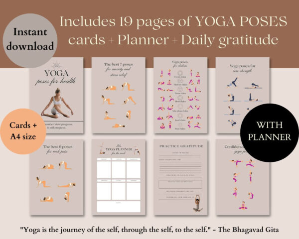 Includes 19 PREMIUM pages of YOGA POSES cards (+A4 size) + Yoga Planner page + Daily gratitude page for MENTAL HEALTH. Perfect for yoga teachers, Wellness, Health coaches or for personal use if you would like to start your wonderful yoga journey. Print out as a wall art or use it on your electronic device You will receive: - 19 Pages of Yoga poses guide with Yoga planner, + Daily gratitude + Guide to breathwork and so on. - You will receive two PDF FILES contaning the A4 size pages and the other one containing the Letter sizes. :) IMPORTANT: ⋆ Personal use only. It means this product can not be resold for commercial use. ⋆ This item is a digital product. ⋆ No physical item will be shipped. ⋆As the product is digital, all sales are final and no refunds will be provided. ⋆ By purchasing this product, you agree not to distribute or share the template link to others. ⋆ You are not permitted to create 'print on demand' products, or digital templates for sale (eg: Canva templates) from these assets. If you have any questions, concerns, or hesitations, please feel free to reach out! How it works: 1. Purchase the files. 2. You will receive two PDF file. Way to acces this file go to Account > Purchase & Reviews > Your Order. 3. Download it to your computer or phone. 5. Print them out as a wall art or use it on your device.