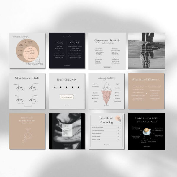 Introducing our new digital product tailored specifically for psychologists: the Social Media Template Pack! This collection is designed to enhance your online presence, increase engagement, and connect with your audience on Instagram. With a range of thoughtfully designed templates, you can effortlessly create compelling posts that highlight your expertise, share mental health tips, and support your followers. Our Social Media Template Pack for psychologists includes customizable templates for mental health advice, client testimonials, inspirational quotes, therapy session tips, and more. Each template is easy to edit and adapt to your brand, ensuring a consistent and professional appearance across all your social media platforms.