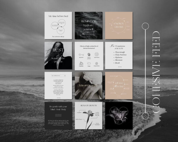 By using our product, you can save a substantial amount of time that would otherwise be dedicated to designing posts and generating content. The procedure is uncomplicated - just customize the posts according to your preferences, retrieve them, and publish! Customizable social media templates for health and wellness coaches. Engage you audience and boost your visibility on socials! Perfect content marketing and beautifully designes templates to boost followers.