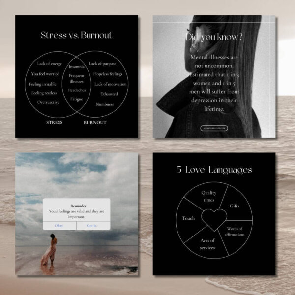 Introducing our new digital product tailored specifically for psychologists: the Social Media Template Pack! This collection is designed to enhance your online presence, increase engagement, and connect with your audience on Instagram. With a range of thoughtfully designed templates, you can effortlessly create compelling posts that highlight your expertise, share mental health tips, and support your followers. Our Social Media Template Pack for psychologists includes customizable templates for mental health advice, client testimonials, inspirational quotes, therapy session tips, and more. Each template is easy to edit and adapt to your brand, ensuring a consistent and professional appearance across all your social media platforms.