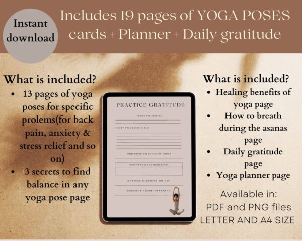 Includes 19 PREMIUM pages of YOGA POSES cards (+A4 size) + Yoga Planner page + Daily gratitude page for MENTAL HEALTH. Perfect for yoga teachers, Wellness, Health coaches or for personal use if you would like to start your wonderful yoga journey. Print out as a wall art or use it on your electronic device You will receive: - 19 Pages of Yoga poses guide with Yoga planner, + Daily gratitude + Guide to breathwork and so on. - You will receive two PDF FILES contaning the A4 size pages and the other one containing the Letter sizes. :) IMPORTANT: ⋆ Personal use only. It means this product can not be resold for commercial use. ⋆ This item is a digital product. ⋆ No physical item will be shipped. ⋆As the product is digital, all sales are final and no refunds will be provided. ⋆ By purchasing this product, you agree not to distribute or share the template link to others. ⋆ You are not permitted to create 'print on demand' products, or digital templates for sale (eg: Canva templates) from these assets. If you have any questions, concerns, or hesitations, please feel free to reach out! How it works: 1. Purchase the files. 2. You will receive two PDF file. Way to acces this file go to Account > Purchase & Reviews > Your Order. 3. Download it to your computer or phone. 5. Print them out as a wall art or use it on your device.