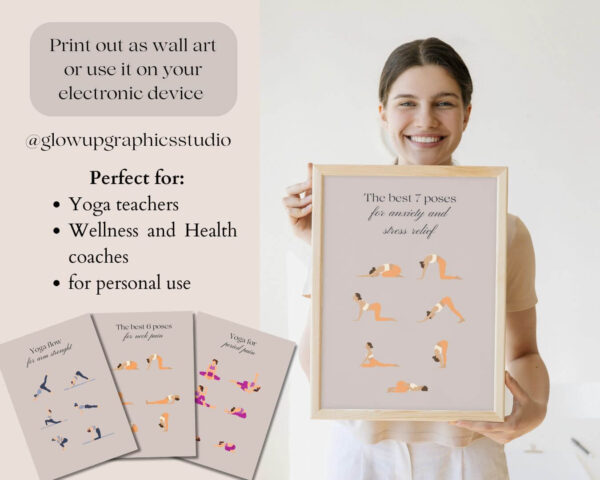 Includes 19 PREMIUM pages of YOGA POSES cards (+A4 size) + Yoga Planner page + Daily gratitude page for MENTAL HEALTH. Perfect for yoga teachers, Wellness, Health coaches or for personal use if you would like to start your wonderful yoga journey. Print out as a wall art or use it on your electronic device You will receive: - 19 Pages of Yoga poses guide with Yoga planner, + Daily gratitude + Guide to breathwork and so on. - You will receive two PDF FILES contaning the A4 size pages and the other one containing the Letter sizes. :) IMPORTANT: ⋆ Personal use only. It means this product can not be resold for commercial use. ⋆ This item is a digital product. ⋆ No physical item will be shipped. ⋆As the product is digital, all sales are final and no refunds will be provided. ⋆ By purchasing this product, you agree not to distribute or share the template link to others. ⋆ You are not permitted to create 'print on demand' products, or digital templates for sale (eg: Canva templates) from these assets. If you have any questions, concerns, or hesitations, please feel free to reach out! How it works: 1. Purchase the files. 2. You will receive two PDF file. Way to acces this file go to Account > Purchase & Reviews > Your Order. 3. Download it to your computer or phone. 5. Print them out as a wall art or use it on your device.