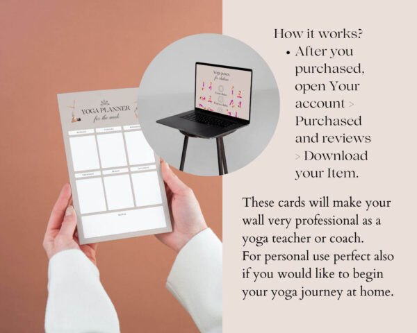 Includes 19 PREMIUM pages of YOGA POSES cards (+A4 size) + Yoga Planner page + Daily gratitude page for MENTAL HEALTH. Perfect for yoga teachers, Wellness, Health coaches or for personal use if you would like to start your wonderful yoga journey. Print out as a wall art or use it on your electronic device You will receive: - 19 Pages of Yoga poses guide with Yoga planner, + Daily gratitude + Guide to breathwork and so on. - You will receive two PDF FILES contaning the A4 size pages and the other one containing the Letter sizes. :) IMPORTANT: ⋆ Personal use only. It means this product can not be resold for commercial use. ⋆ This item is a digital product. ⋆ No physical item will be shipped. ⋆As the product is digital, all sales are final and no refunds will be provided. ⋆ By purchasing this product, you agree not to distribute or share the template link to others. ⋆ You are not permitted to create 'print on demand' products, or digital templates for sale (eg: Canva templates) from these assets. If you have any questions, concerns, or hesitations, please feel free to reach out! How it works: 1. Purchase the files. 2. You will receive two PDF file. Way to acces this file go to Account > Purchase & Reviews > Your Order. 3. Download it to your computer or phone. 5. Print them out as a wall art or use it on your device.