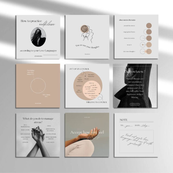 Introducing our new digital product tailored specifically for psychologists: the Social Media Template Pack! This collection is designed to enhance your online presence, increase engagement, and connect with your audience on Instagram. With a range of thoughtfully designed templates, you can effortlessly create compelling posts that highlight your expertise, share mental health tips, and support your followers. Our Social Media Template Pack for psychologists includes customizable templates for mental health advice, client testimonials, inspirational quotes, therapy session tips, and more. Each template is easy to edit and adapt to your brand, ensuring a consistent and professional appearance across all your social media platforms.