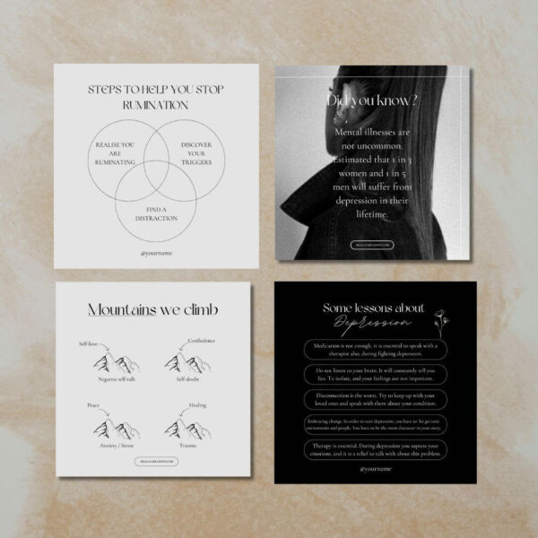 Introducing our new digital product tailored specifically for psychologists: the Social Media Template Pack! This collection is designed to enhance your online presence, increase engagement, and connect with your audience on Instagram. With a range of thoughtfully designed templates, you can effortlessly create compelling posts that highlight your expertise, share mental health tips, and support your followers. Our Social Media Template Pack for psychologists includes customizable templates for mental health advice, client testimonials, inspirational quotes, therapy session tips, and more. Each template is easy to edit and adapt to your brand, ensuring a consistent and professional appearance across all your social media platforms.